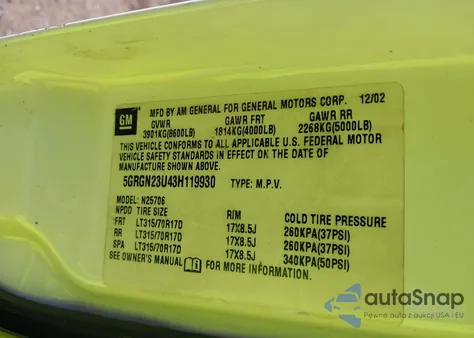 2003 Hummer H2 из США, поврежденный, VIN 5GRGN23U43H119930